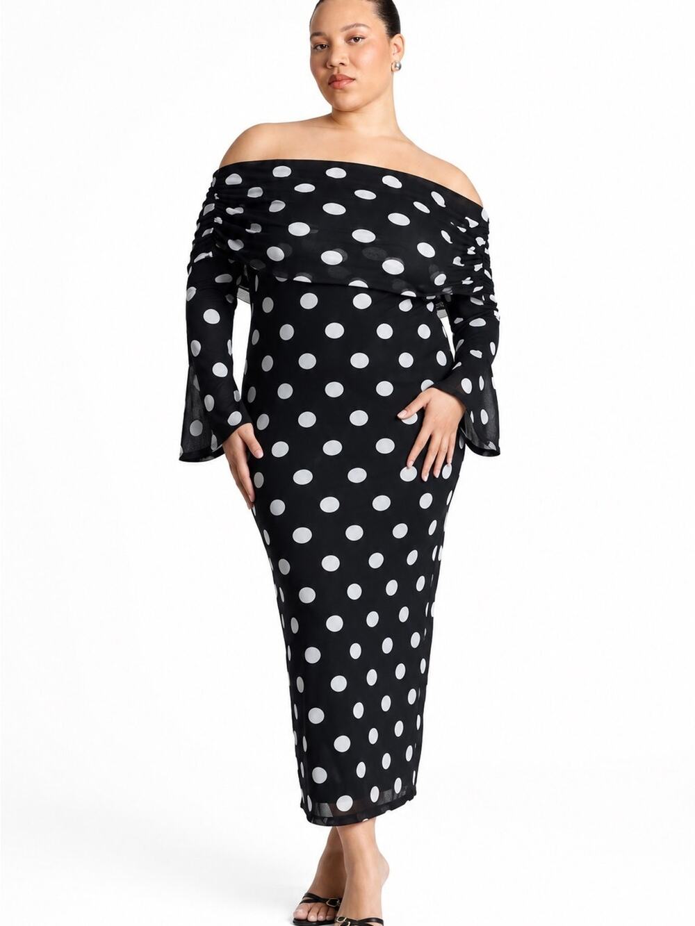 Eloquii Black White Polka Dot Off Shoulder Mesh Overlay Maxi Dress Size 24 NWT